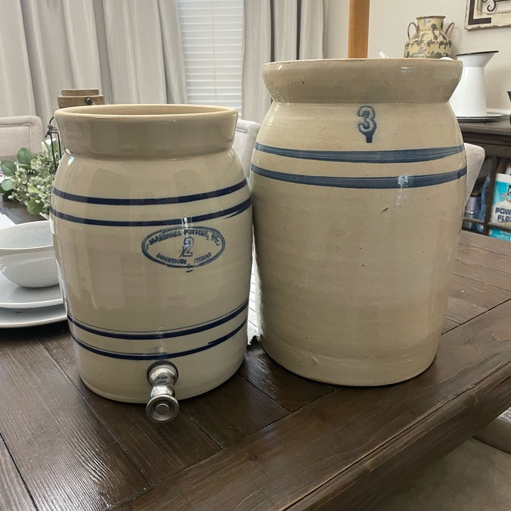 Marshall Pottery Vintage Stoneware Butter Churn Crock, and Drink Despencer Crock